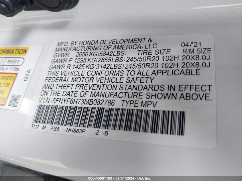 2021 Honda Pilot Awd Black Edition VIN: 5FNYF6H73MB082786 Lot: 40001169