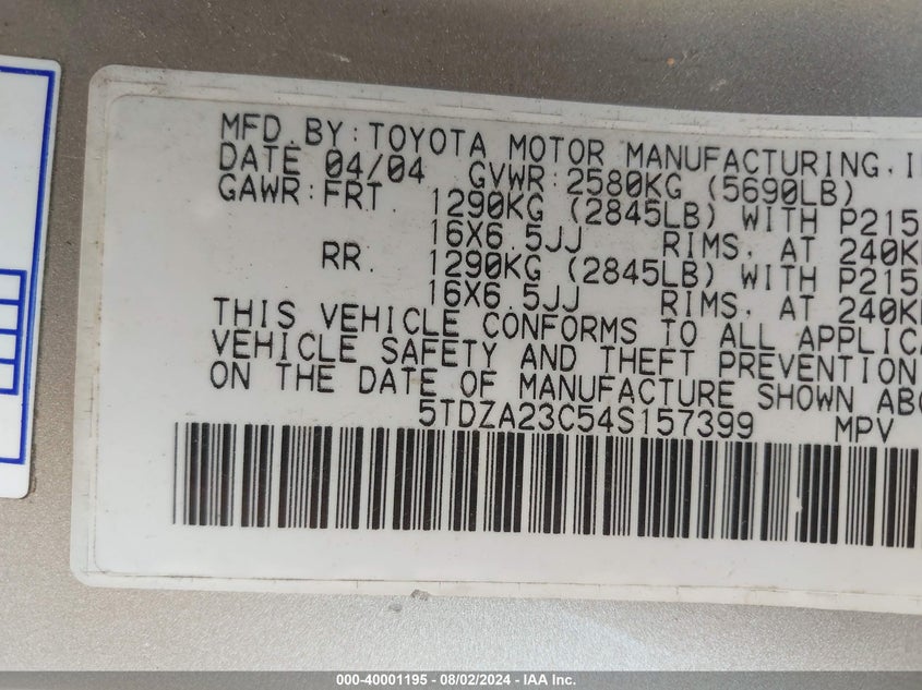 2004 Toyota Sienna Ce VIN: 5TDZA23C54S157399 Lot: 40001195