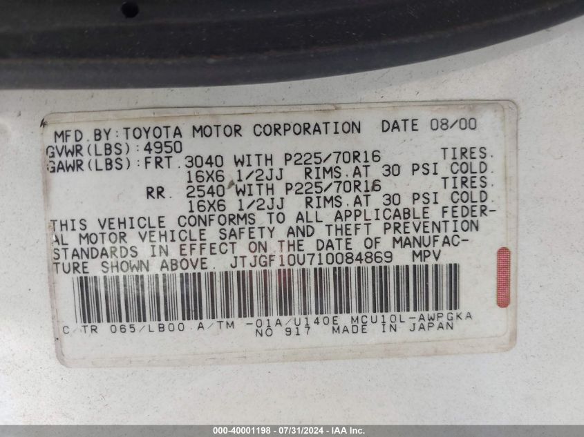 2001 Lexus Rx 300 VIN: JTJGF10U710084869 Lot: 40001198