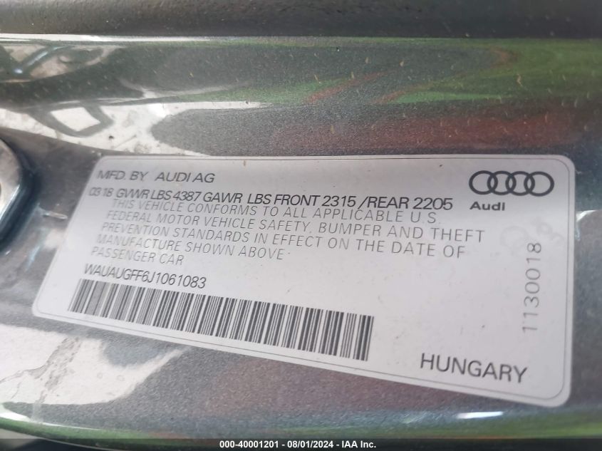 WAUAUGFF6J1061083 2018 Audi A3 2.0T Premium/2.0T Tech Premium