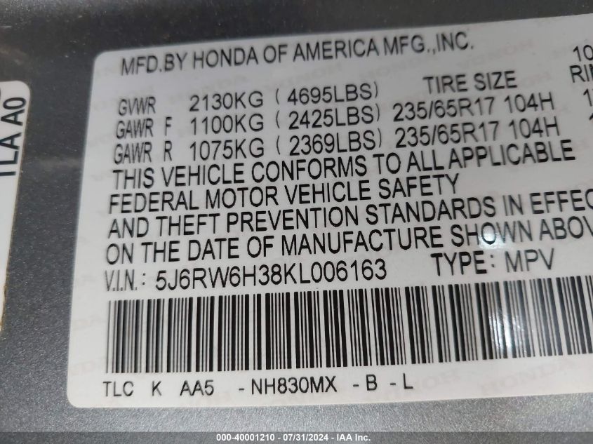 2019 Honda Cr-V Lx VIN: 5J6RW6H38KL006163 Lot: 40001210