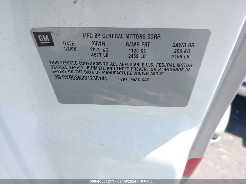2008 Chevrolet Impala Ls VIN: 2G1WB58K081238141 Lot: 40001211