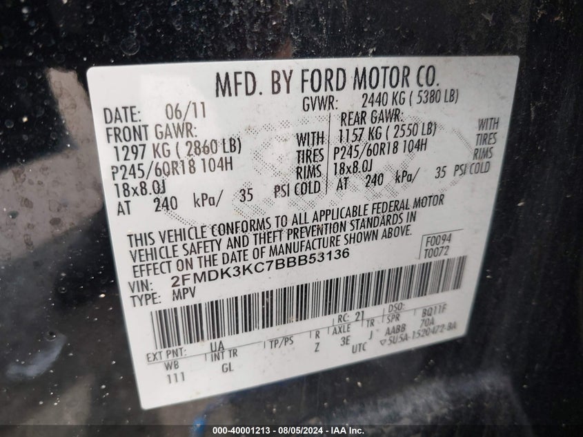 2011 Ford Edge Limited VIN: 2FMDK3KC7BBB53136 Lot: 40001213