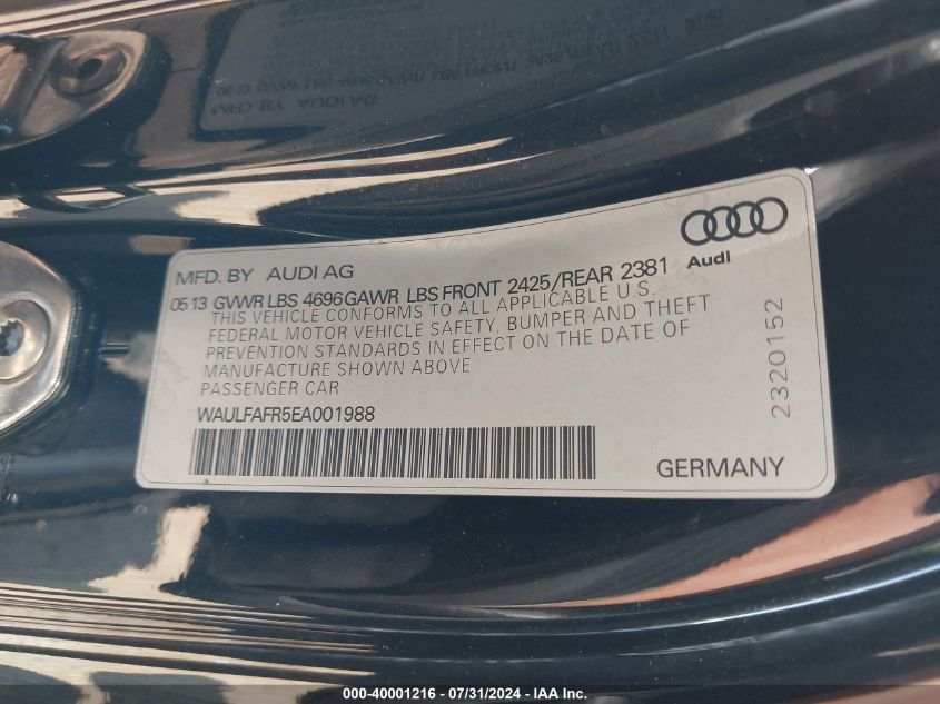 2014 Audi A5 2.0T Premium VIN: WAULFAFR5EA001988 Lot: 40001216