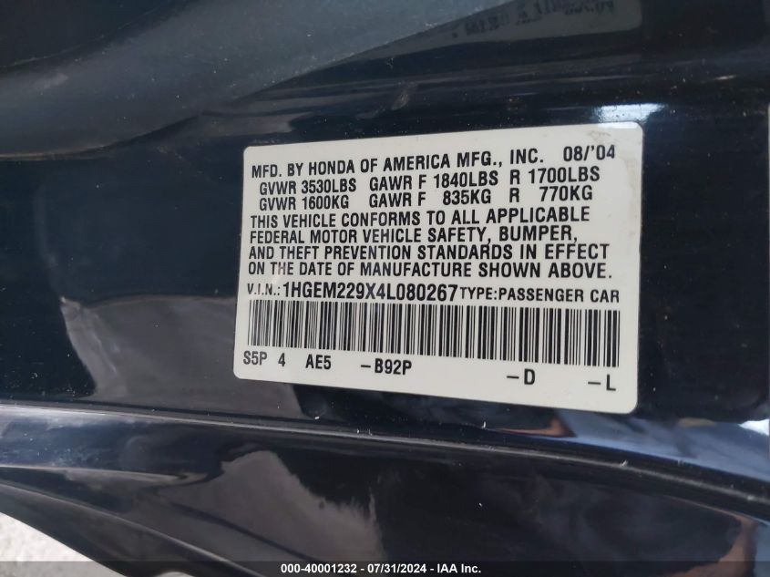 2004 Honda Civic Ex VIN: 1HGEM229X4L080267 Lot: 40001232
