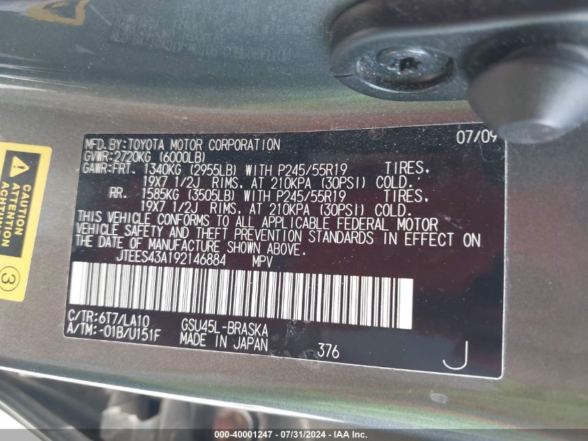 2009 Toyota Highlander Sport VIN: JTEES43A192146884 Lot: 40001247