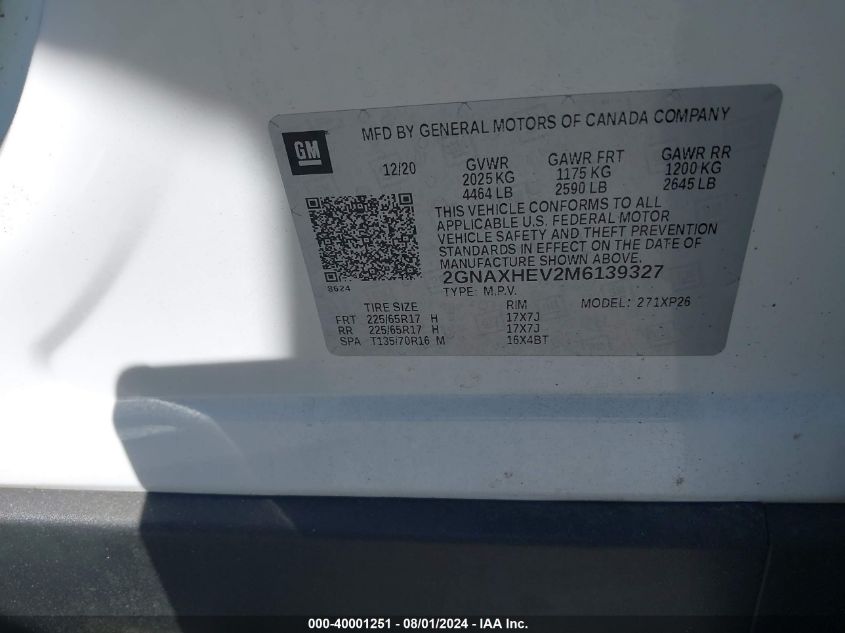 2021 Chevrolet Equinox Ls VIN: 2GNAXHEV2M6139327 Lot: 40001251