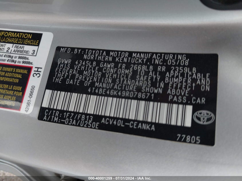 2009 Toyota Camry Le VIN: 4T4BE46K49R078671 Lot: 40001259