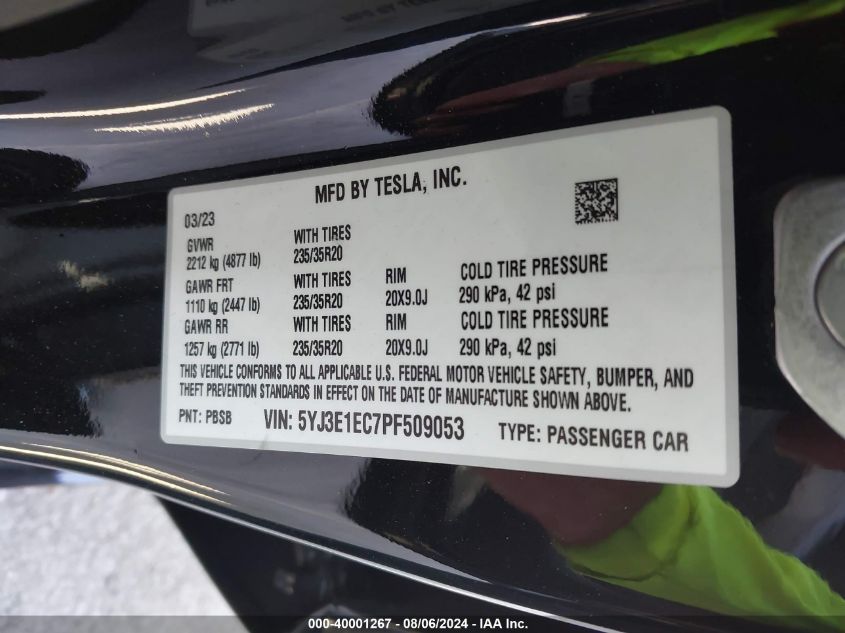 2023 Tesla Model 3 Performance Dual Motor All-Wheel Drive VIN: 5YJ3E1EC7PF509053 Lot: 40001267