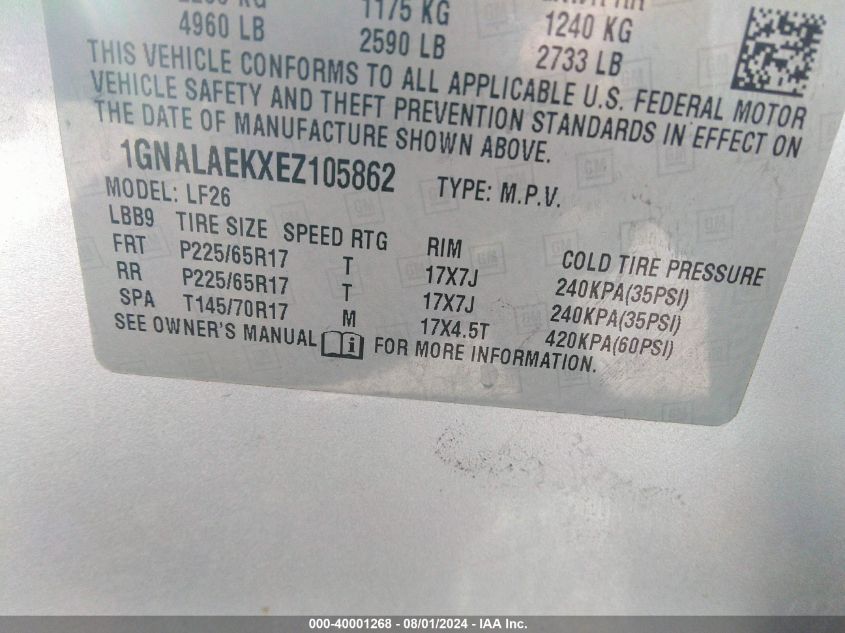 2014 Chevrolet Equinox Ls VIN: 1GNALAEKXEZ105862 Lot: 40001268