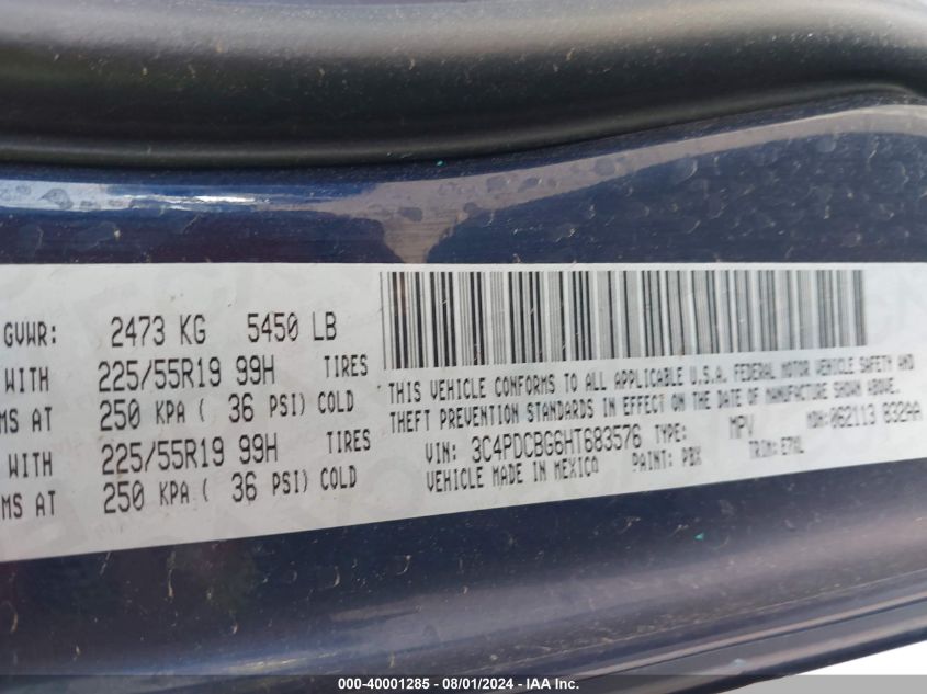 2017 Dodge Journey Sxt VIN: 3C4PDCBG6HT683576 Lot: 40001285