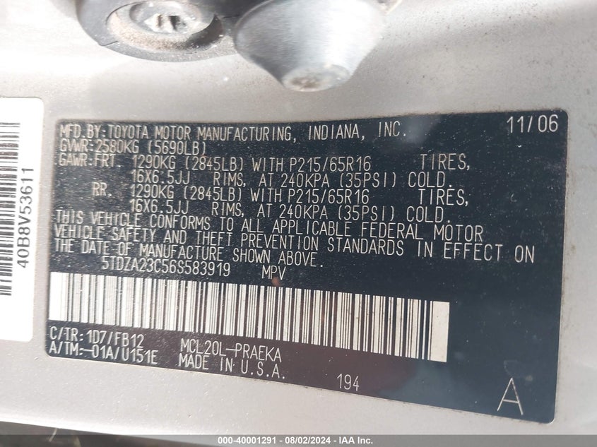 2006 Toyota Sienna Ce VIN: 5TDZA23C56S583919 Lot: 40001291