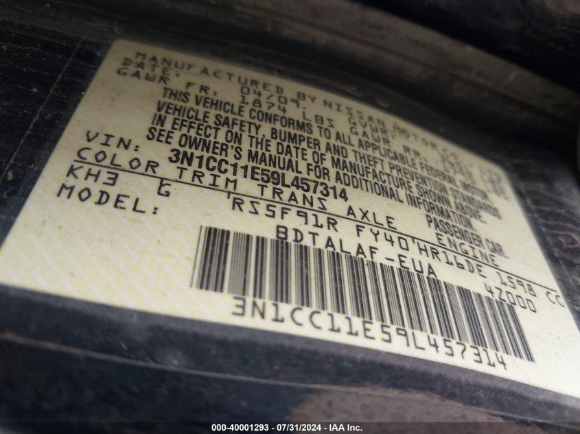 2009 Nissan Versa 1.6 Base VIN: 3N1CC11E59L457314 Lot: 40001293