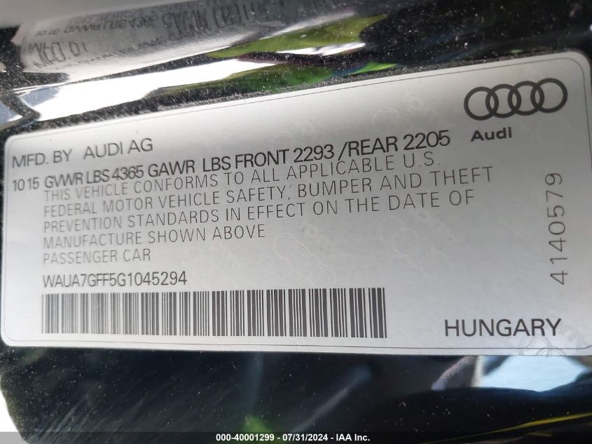 WAUA7GFF5G1045294 2016 Audi A3 1.8T Premium