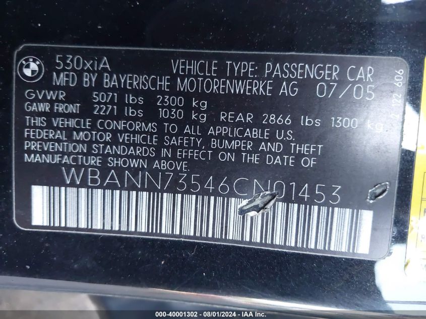 2006 BMW 530 Xit VIN: WBANN73546CN01453 Lot: 40001302