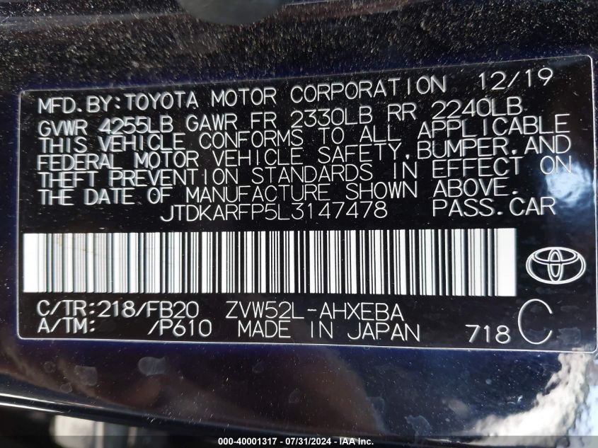 2020 Toyota Prius Prime Le VIN: JTDKARFP5L3147478 Lot: 40001317