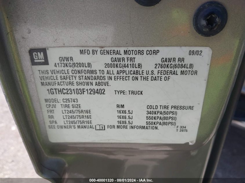 2003 GMC Sierra 2500Hd Sle VIN: 1GTHC23103F129402 Lot: 40001320