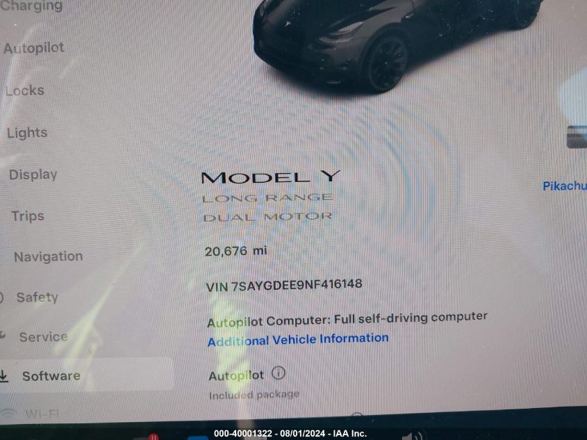 2022 Tesla Model Y Long Range Dual Motor All-Wheel Drive VIN: 7SAYGDEE9NF416148 Lot: 40001322