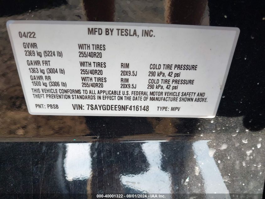 2022 TESLA MODEL Y - 7SAYGDEE9NF416148