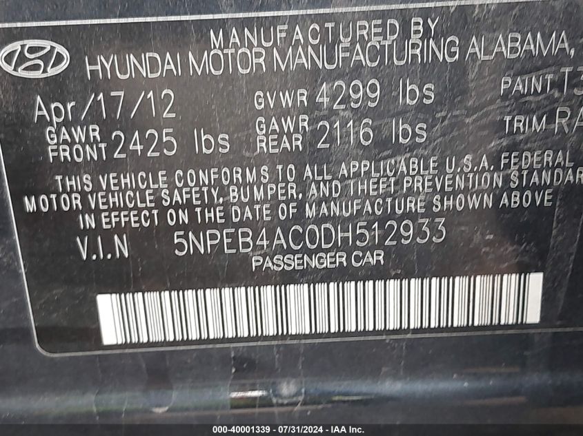 2013 Hyundai Sonata Gls VIN: 5NPEB4AC0DH512933 Lot: 40001339