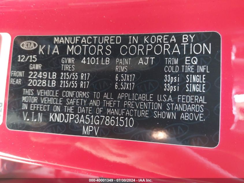 2016 Kia Soul + VIN: KNDJP3A51G7861510 Lot: 40001349