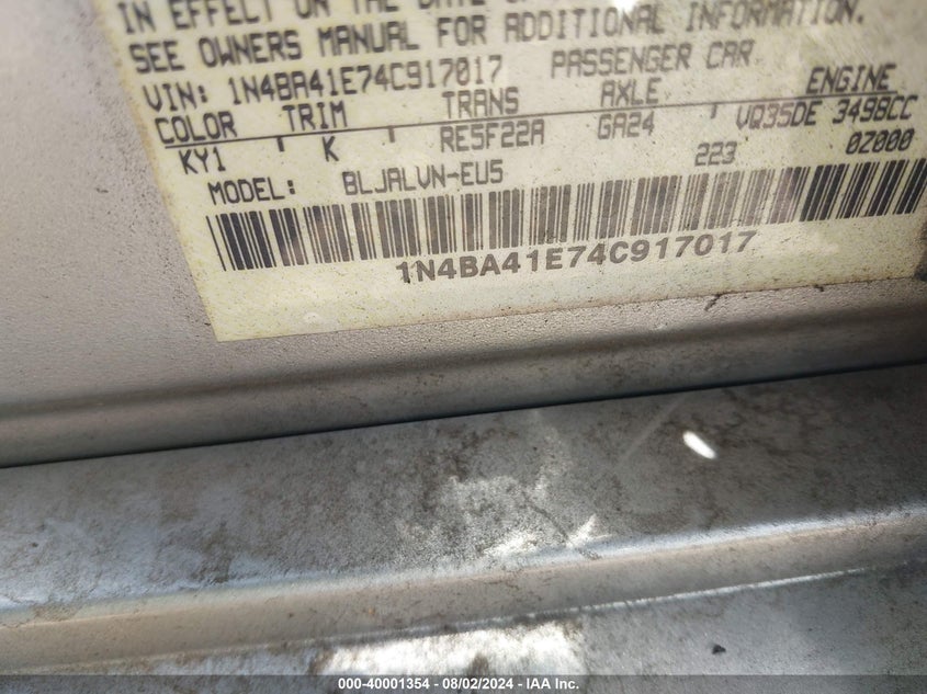 2004 Nissan Maxima 3.5 Se VIN: 1N4BA41E74C917017 Lot: 40001354