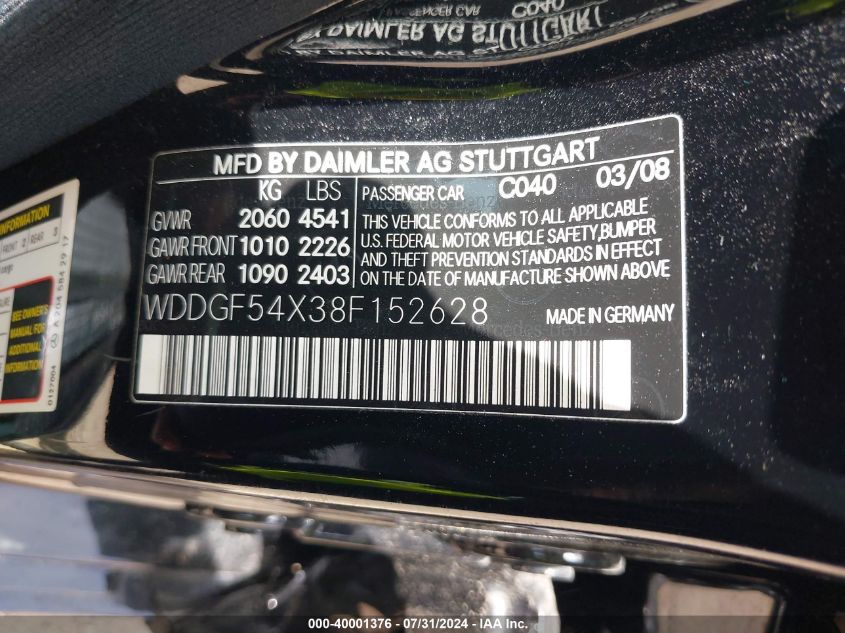 2008 Mercedes-Benz C 300 VIN: WDDGF54X38F152628 Lot: 40001376