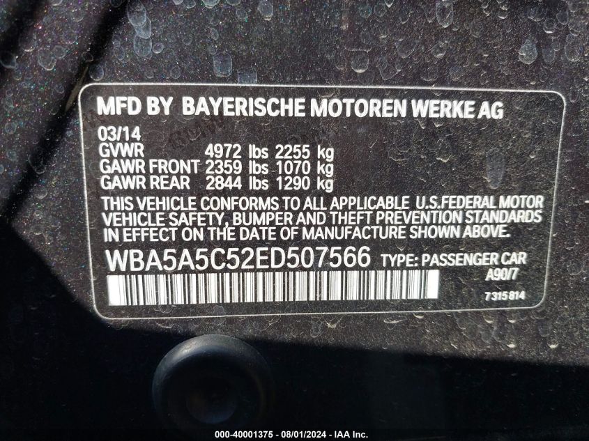 2014 BMW 528I VIN: WBA5A5C52ED507566 Lot: 40001375
