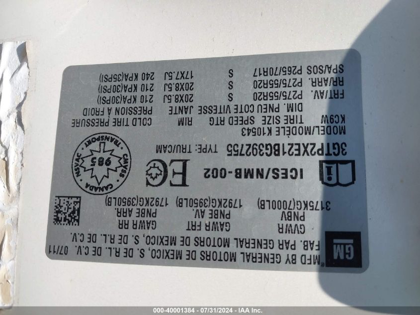 2011 GMC Sierra K1500 Denali VIN: 3GTP2XE21BG392755 Lot: 40001384