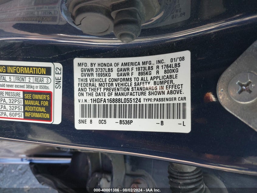 2008 Honda Civic Ex VIN: 1HGFA16888L055124 Lot: 40001386