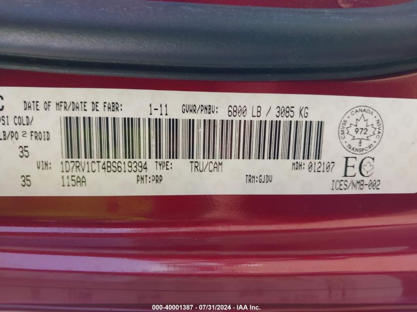 2011 Ram Ram 1500 Laramie VIN: 1D7RV1CT4BS619394 Lot: 40001387