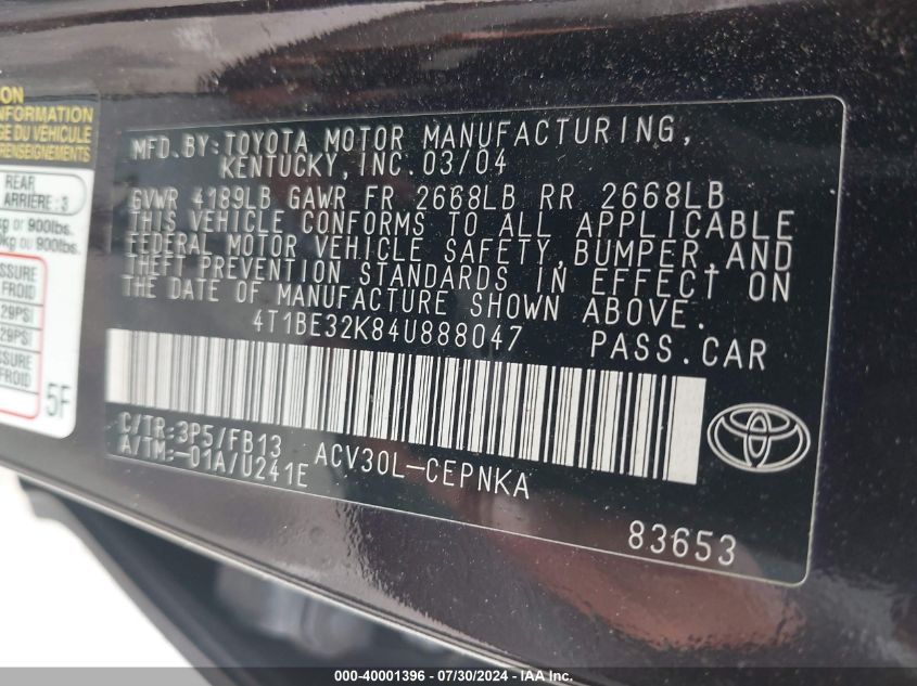 4T1BE32K84U888047 | 2004 TOYOTA CAMRY