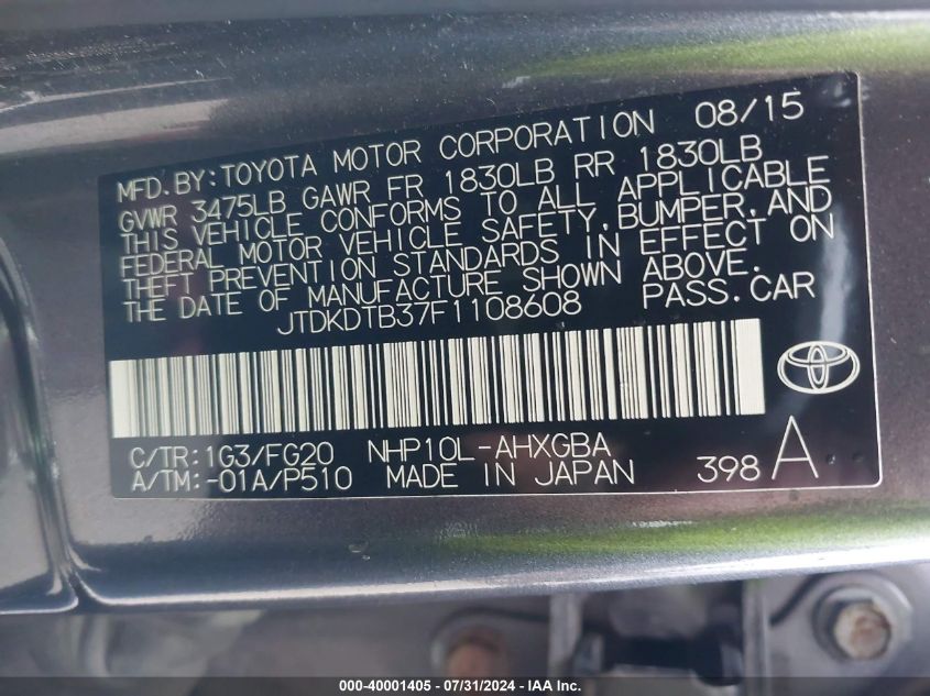 JTDKDTB37F1108608 | 2015 TOYOTA PRIUS C