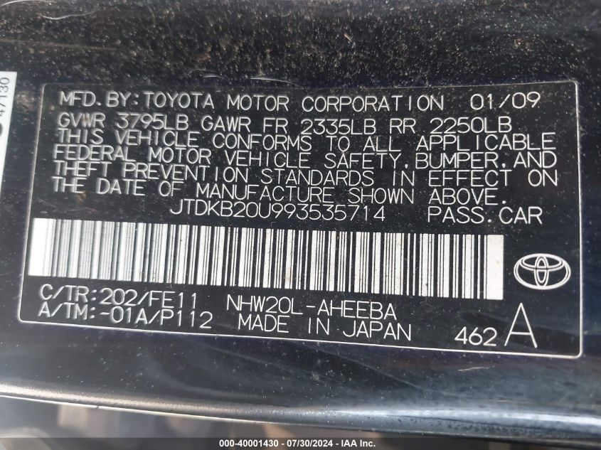 JTDKB20U993535714 | 2009 TOYOTA PRIUS