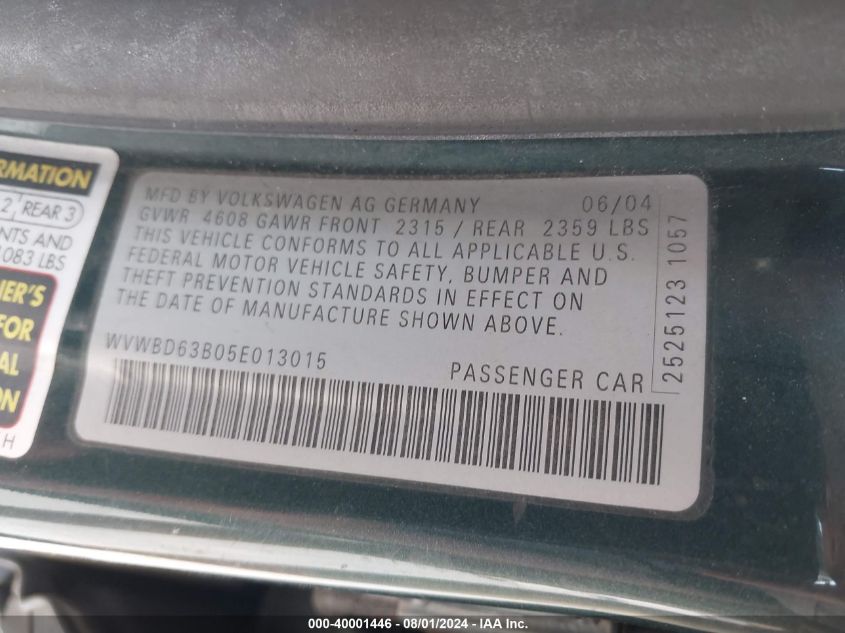 2005 Volkswagen Passat Gls VIN: WVWBD63B05E013015 Lot: 40001446