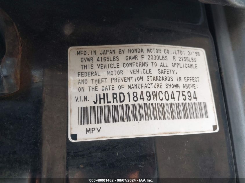 1998 Honda Cr-V Lx VIN: JHLRD1849WC047594 Lot: 40001462