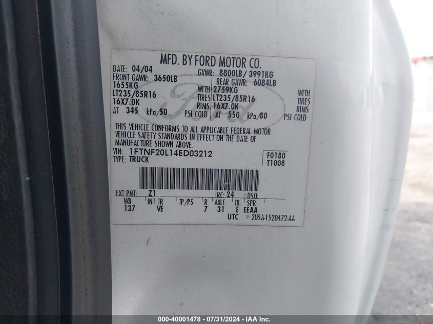 2004 Ford F250 Super Duty VIN: 1FTNF20L14ED03212 Lot: 40001478