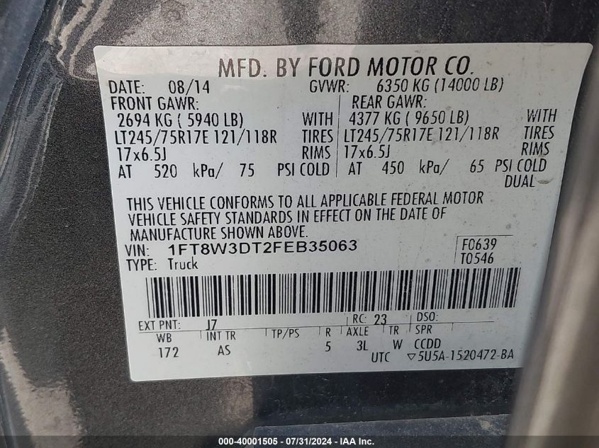 2015 Ford F-350 Xl VIN: 1FT8W3DT2FEB35063 Lot: 40001505