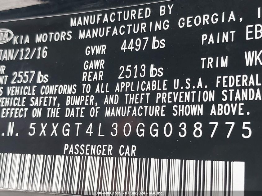 2016 Kia Optima Lx VIN: 5XXGT4L30GG038775 Lot: 40001519