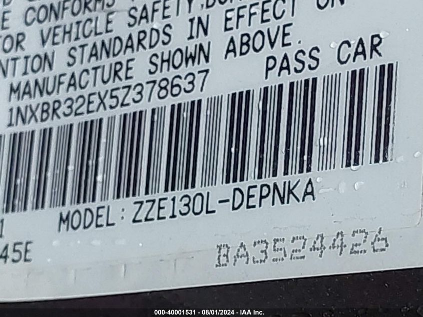 2005 Toyota Corolla Ce/Le/S VIN: 1NXBR32EX5Z378637 Lot: 40001531