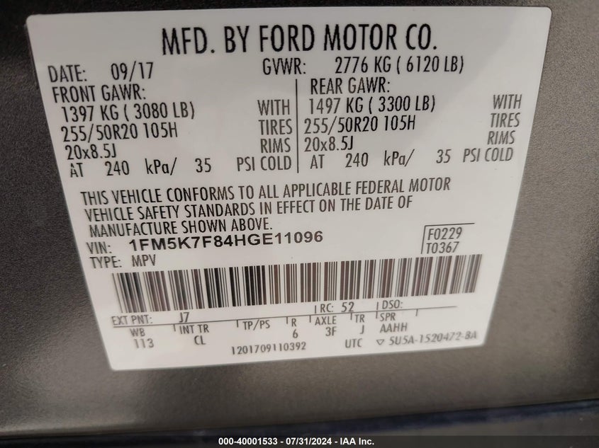VIN 1FM5K7F84HGE11096 2017 FORD EXPLORER LIMITED