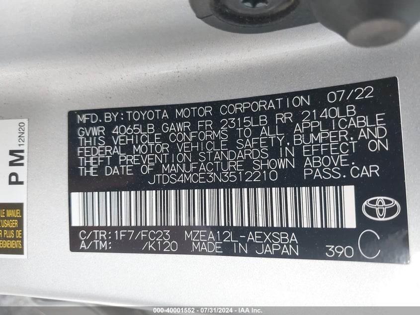 VIN JTDS4MCE3N3512210 2022 TOYOTA COROLLA SE