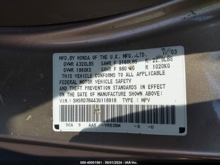 2003 Honda Cr-V Lx VIN: SHSRD78443U118918 Lot: 40001561