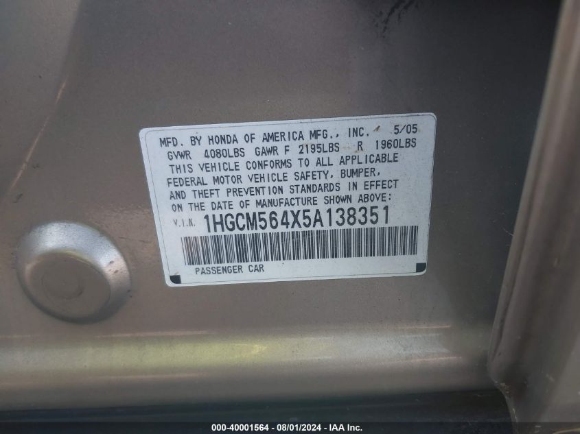2005 Honda Accord Lx VIN: 1HGCM564X5A138351 Lot: 40001564