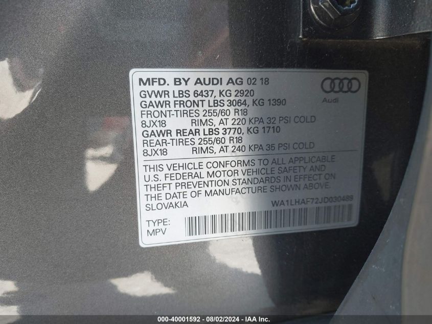 2018 Audi Q7 2.0T Premium VIN: WA1LHAF72JD030489 Lot: 40001592