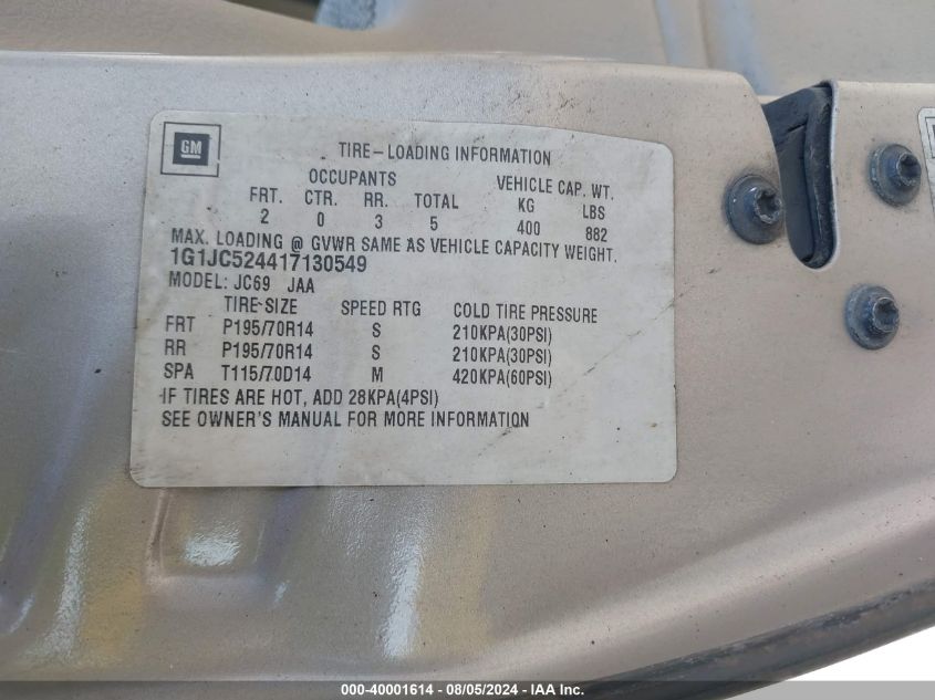 2001 Chevrolet Cavalier Cng VIN: 1G1JC524417130549 Lot: 40001614