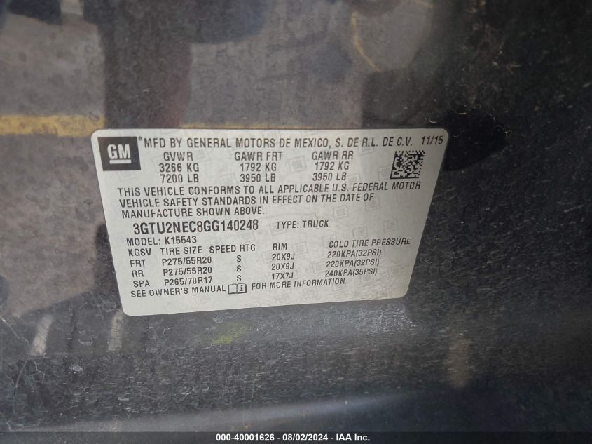 2016 GMC SIERRA 1500 SLT - 3GTU2NEC8GG140248