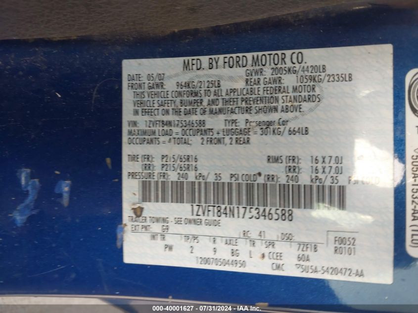 2007 Ford Mustang V6 Deluxe/V6 Premium VIN: 1ZVFT84N175346588 Lot: 40001627