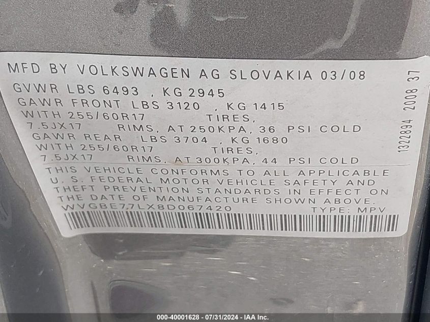 WVGBE77LX8D067420 2008 Volkswagen Touareg 2 Vr6 Fsi