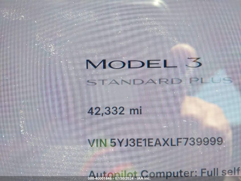 2020 Tesla Model 3 Standard Range Plus Rear-Wheel Drive/Standard Range Rear-Wheel Drive VIN: 5YJ3E1EAXLF739999 Lot: 40001646